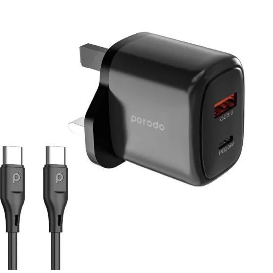 Porodo Dual Output Quick Charger Usb-C Pd And Usb-A Qc